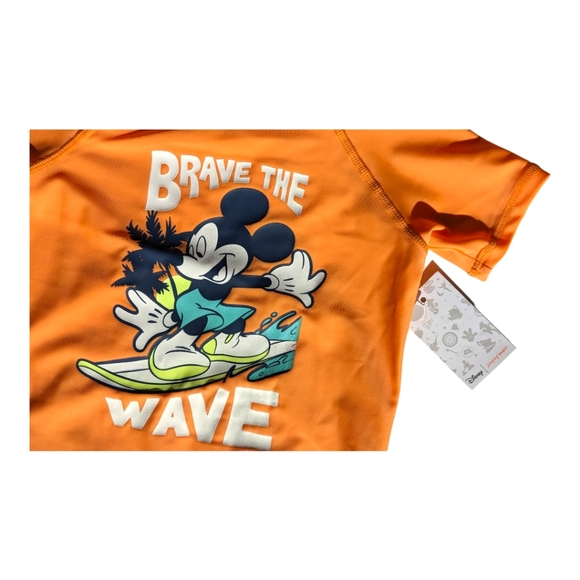 Jumping Beans Disney "Brave the Wave" Mickey Mouse Graphic Orange Rash Guard - Picture 2 of 5